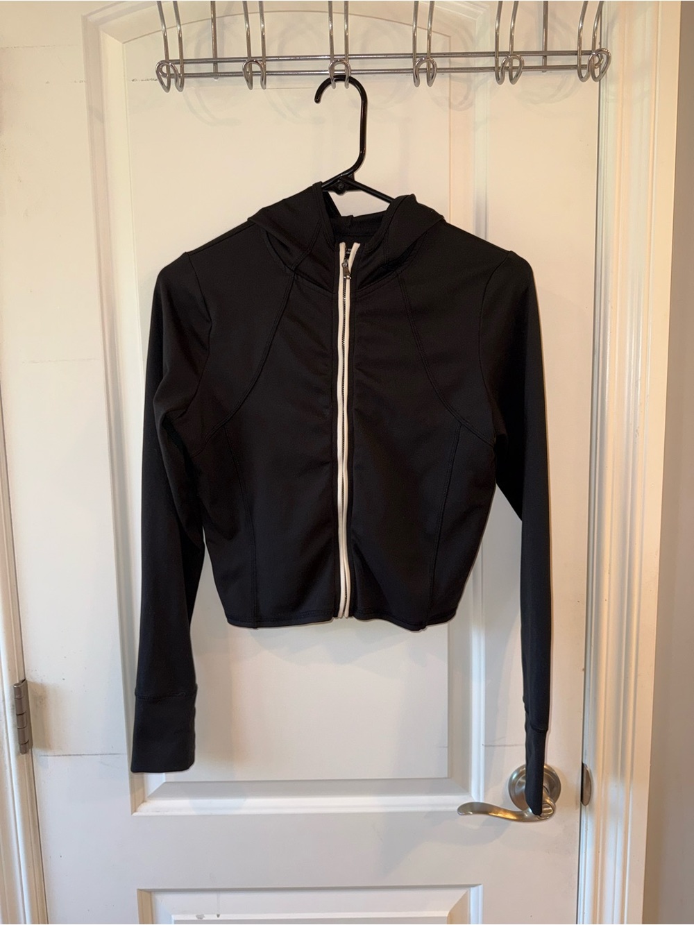 Gilly Hicks Black Hooded Zip-Up Jacket with White Zip, size M